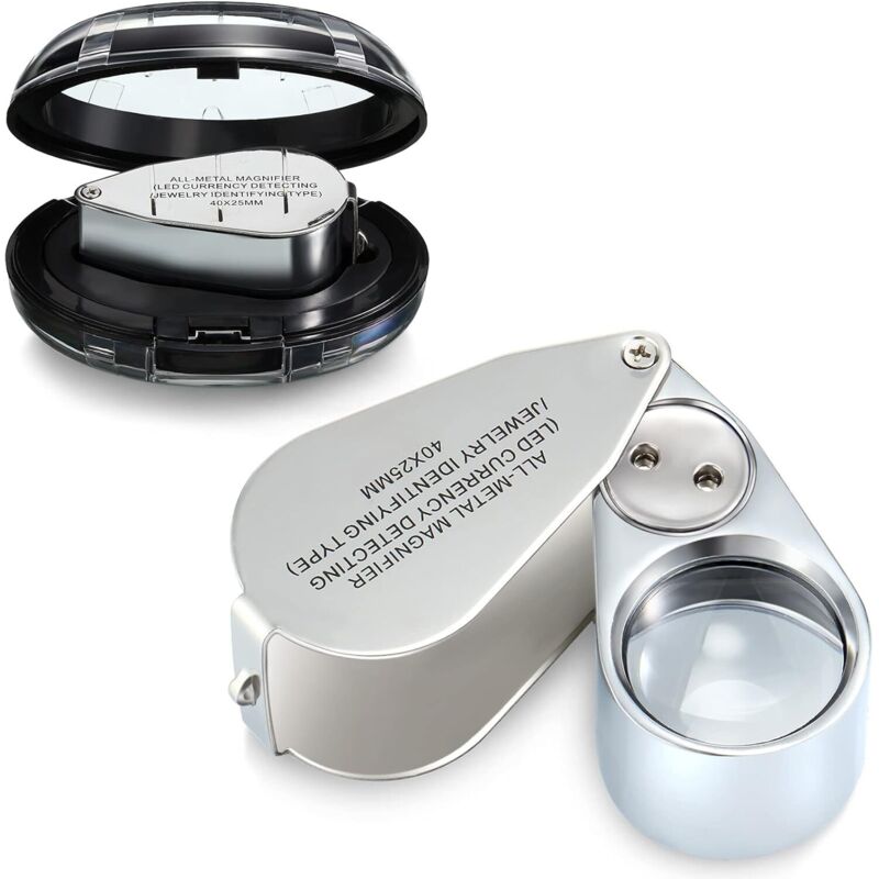 Csparkv - 40-fache Juwelierlupe aus Metall mit Beleuchtung, Schmucklupe, faltbare Handlupe für Schmuck mit led und Licht zur Prüfung von Schmuck und