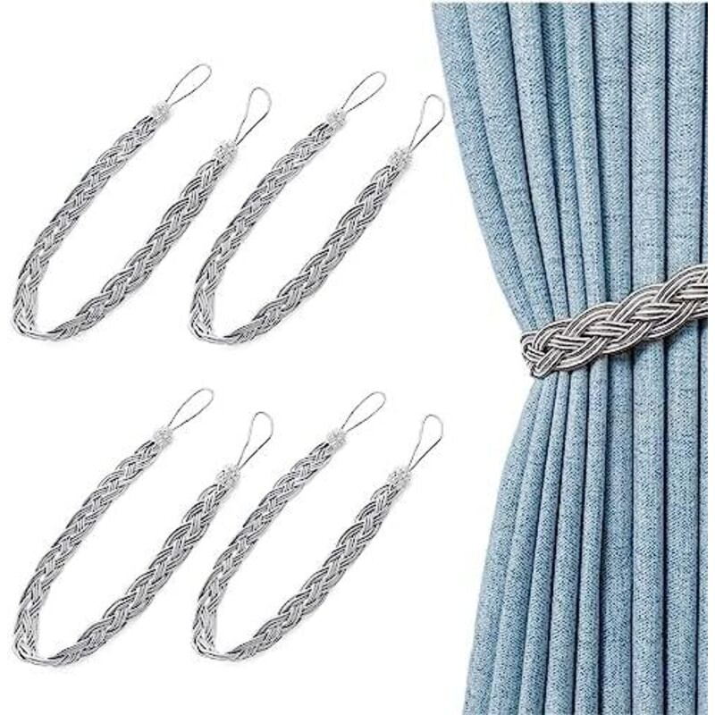 Csparkv - 58 cm, 2 Paar silbergraue geflochtene Vorhang-Raffhalter für Vorhänge, einfache Vorhang-Raffhalter, Bindeseil für Vorhänge