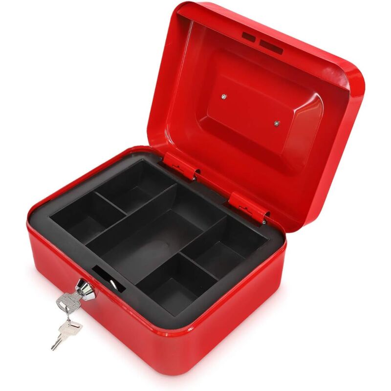 Csparkv - Münzbox – Münzbox aus Stahl 20 x 15 x 9 cm für Münzen, Banknoten – Geldkassette mit herausnehmbarem Fach, 5 Fächern und 2x Schlüssel