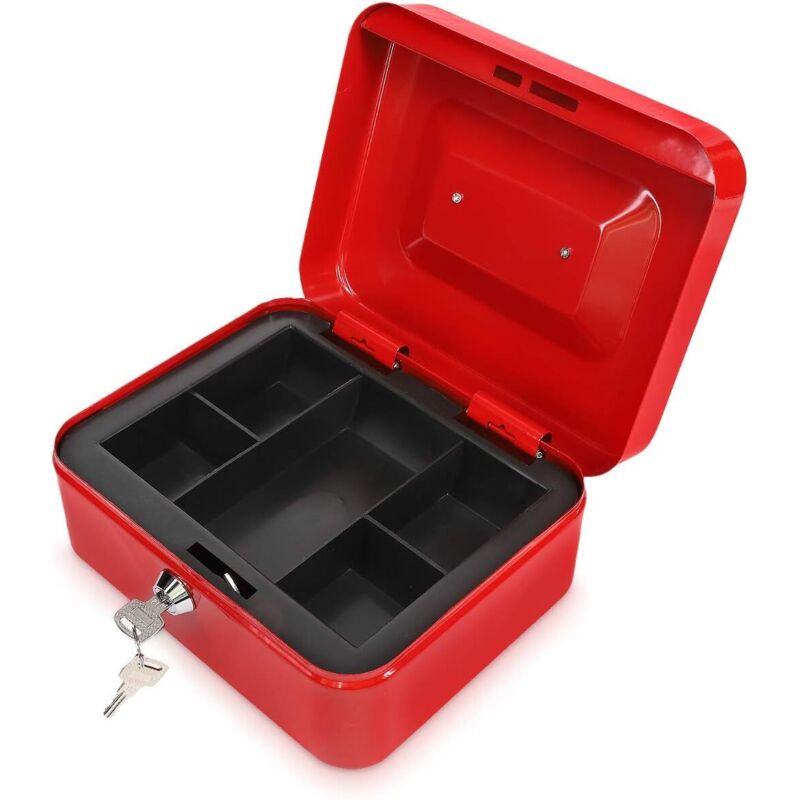 Csparkv - Münzbox – Münzbox aus Stahl 20 x 15 x 9 cm für Münzen, Banknoten – Geldkassette mit herausnehmbarem Fach, 5 Fächern und 2x Schlüssel