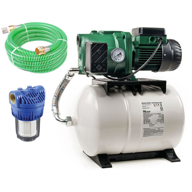 DAB - Aquajet 82/20 m mit Ansaugschlauch 7 Meter und Vorfilter - Hauswasserwerk - 3.600 L/Std. - 840W - Förderhöhe 47 m - Bewässerungspumpe