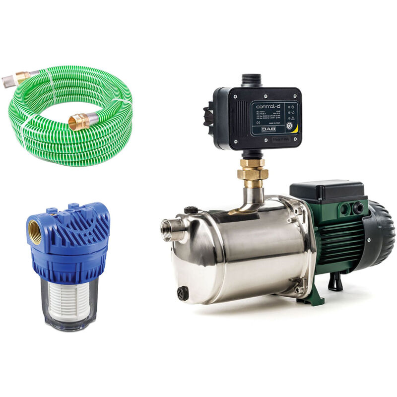 DAB EuroInox 40/80 M + Control-D + Schlauch 7 m - Hauswasserwerk - 7.200 L/Std. - 1480W - Förderhöhe 59 m - Rostfreier Stahl - Komplettes Startpaket
