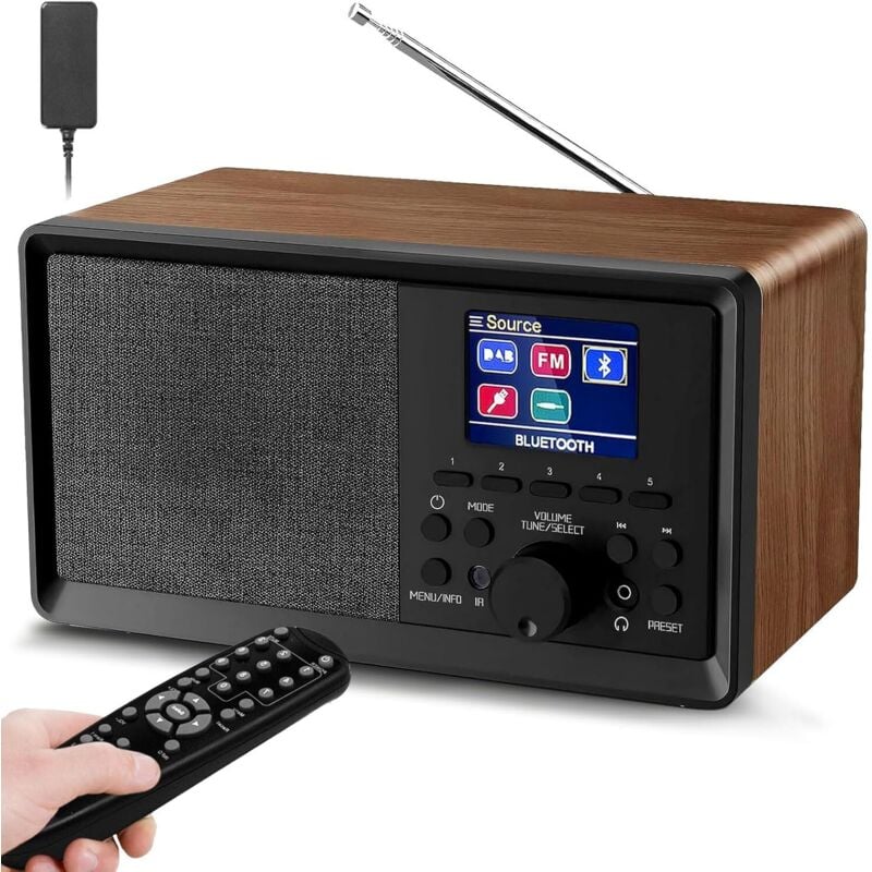 DAB-Radio mit Fernbedienung - DAB Plus Radio mit Bluetooth, DAB+/FM - Retro - Aus Holz - Digitales Küchenradio - Radiowecker mit Doppelalarm