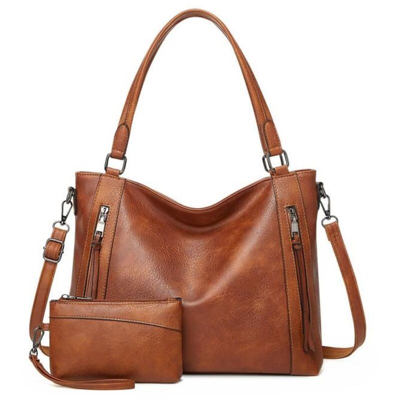 Damen-Handtasche aus PU-Leder, Tragetaschen-Set, kleine Schultertasche, Umhängetasche, Handtasche, 2-teilig, Braun