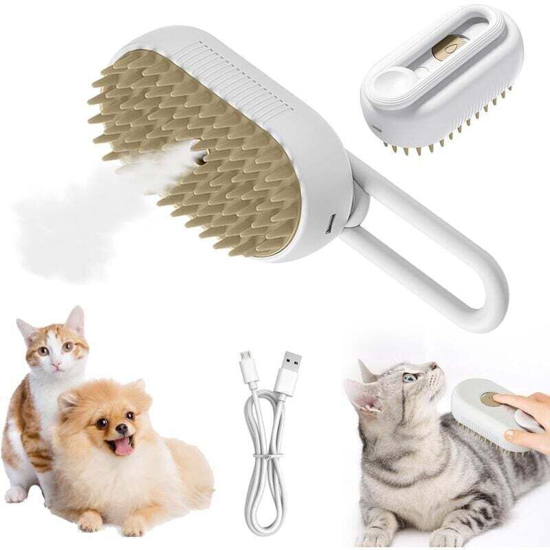 Dampfbürste für Katzen, 3-in-1 Sprühmassagekamm für Katzen, elektrische Dampfbürste für Katzenhaare, selbstreinigende Haustierpflegebürste (Weiß)
