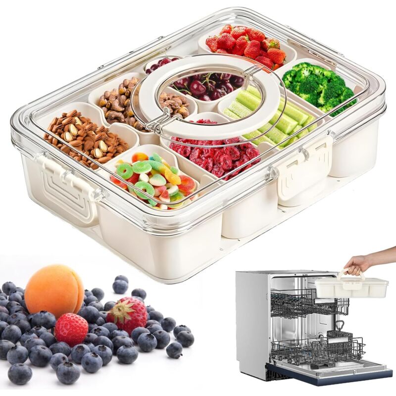 Lunchbox mit 8 Fächern, Snackteller mit Deckel und Griff, Organizer für Snacks, Süßigkeiten, Nüsse, Obst, Gewürze, für Partys, Picknicks, Reisen,