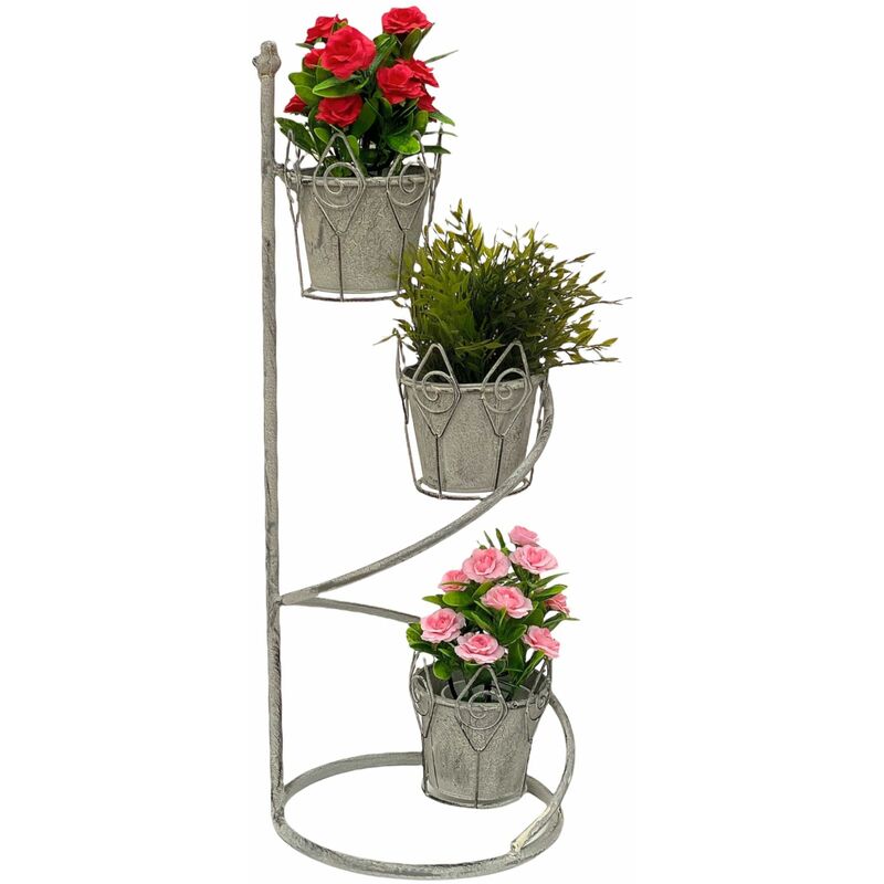 Blumentreppe Innen Metall Weiß Grau Rund 75 cm Blumenständer mit 3 Töpfe 96131 Blumenständer Blumensäule Pflanzenständer Balkon Vintage - Dandibo