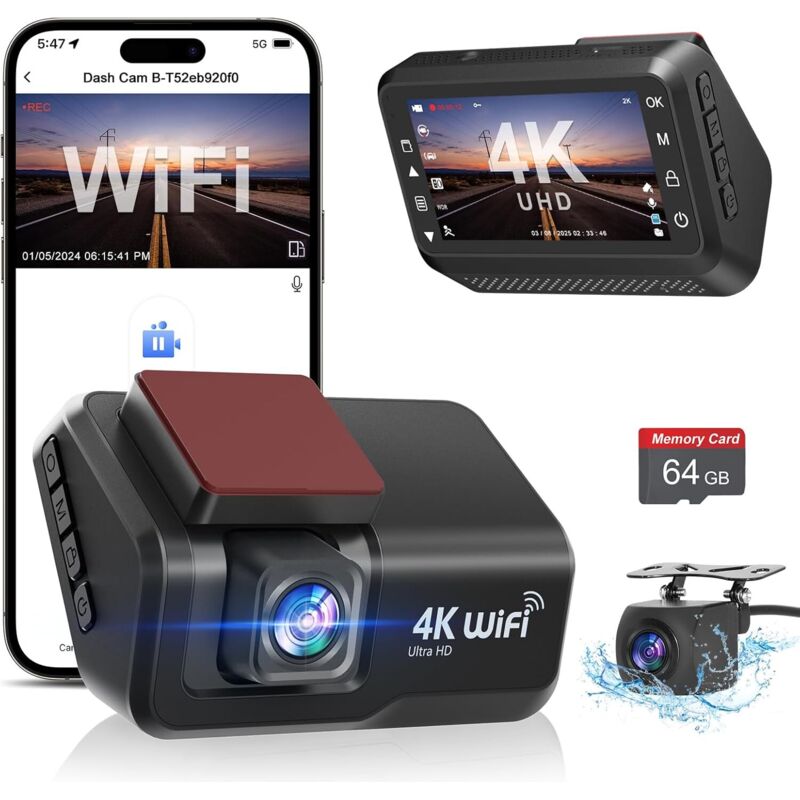 Dashcam Auto Vorne Hinten, 4K+1080P WiFi Auto Dashcam mit App 3' IPS mit kostenloser 64GB Karte, Autokamera mit Nachtsicht, Parkmonitor, WDR