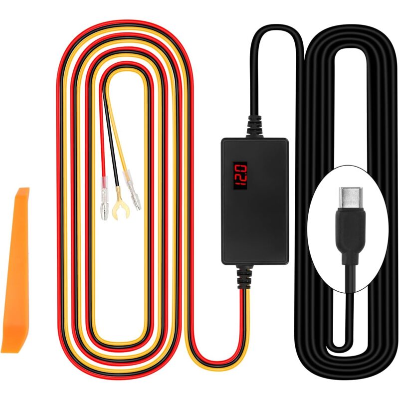 Dashcam-Hardwire-Kit 12 V-24 V auf 5 V 3 A mit Spannungsanzeige, einstellbare Spannung, 24-Stunden-Parkmodus, Batterieentladeschutz, Typ C, Starthilfe