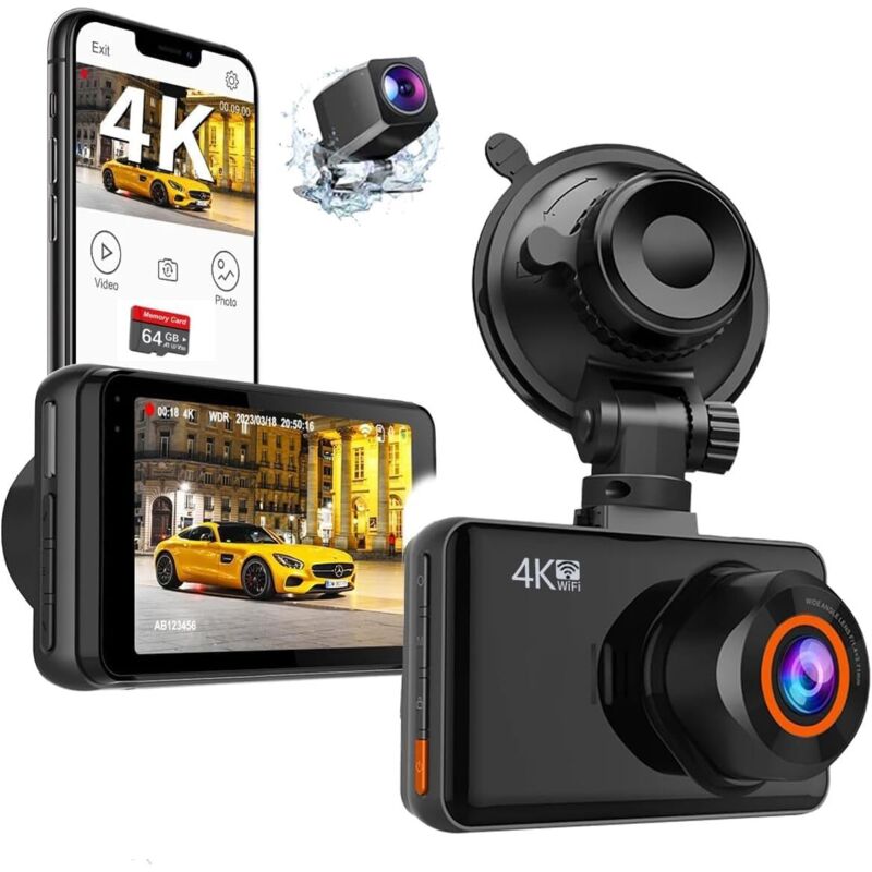 Dashcam vorne und hinten, 4K/1080P Dual-Autokamera mit WLAN, 3-Zoll-Full-HD-IPS-Bildschirm, App-Steuerung (Schwarz)