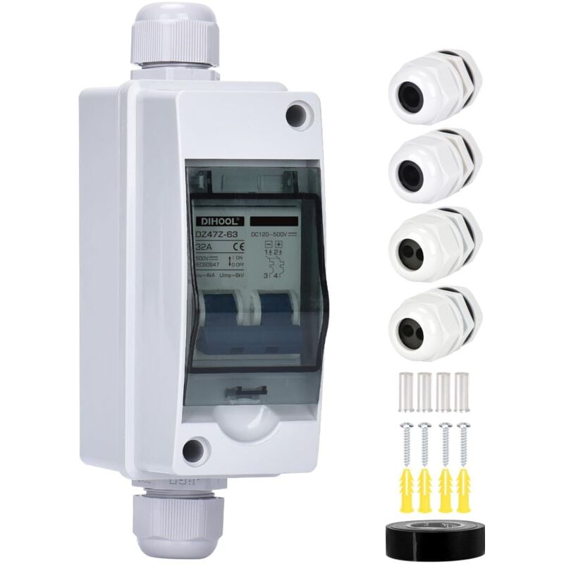 DC 2P Bipolarer Miniatur-Leistungsschalter mit Trennschalter für Autobatterie und IP66-Gehäuse (DC36-500 V, IP65 32 A)