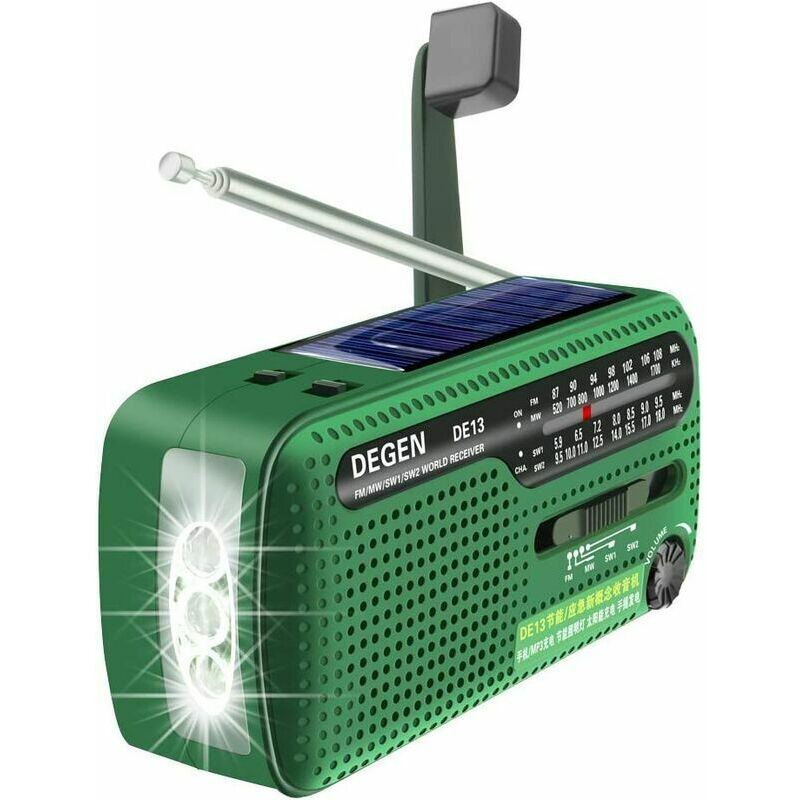 Shining House - DE13 fm am sw Solar-Winkelempfänger mit hellem Licht, Taschenlampe/SOS-Alarm/wiederaufladbarem Mobiltelefon für Outdoor-Aktivitäten