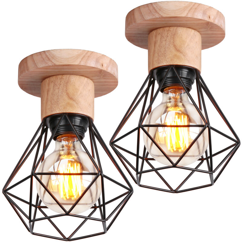 Axhup - Deckenlampe, Ø16cm Deckenleuchte im Industrial Design, Eisen Diamant Lampe mit Käfig für Wohnzimmer Schlafzimmer Schwarz + Holzfarbe 2PCS