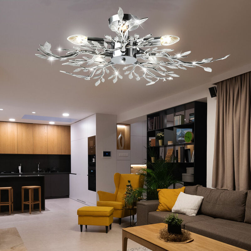 Deckenlampe Blätterlampe Deckenleuchte rund Wohnzimmer chrom Deckenlampe, Metall Acrylblätter, Fassung 5x E14, DxH 71x16 cm