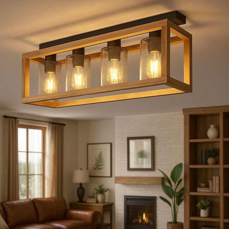 Globo - Deckenlampe Esstisch Retro Deckenleuchte rustikal Landhaus Deckenlampe Wohnzimmer Holz, mdf Glas rauch Metall, 4 Flammig E27, LxBxH