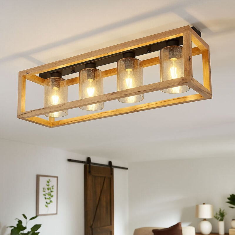 Deckenlampe Esstisch Retro Deckenleuchte rustikal Landhaus Deckenlampe Wohnzimmer Holz, mdf Glas rauch Metall, 4 Flammig E27, LxBxH 75x20x22,5 cm