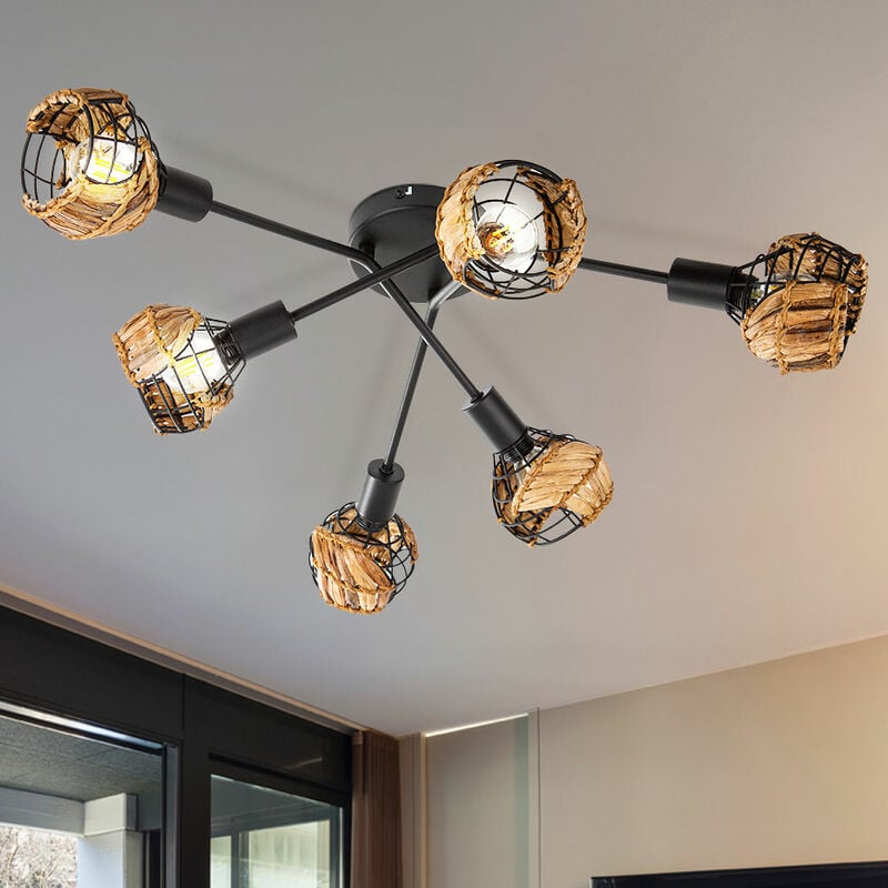Deckenlampe Geflecht 6 Flammig Deckenleuchte Deckenlampe Wohnzimmer, Metall schwarz braun, 6x E14 Fassungen, DxH 67x20cm