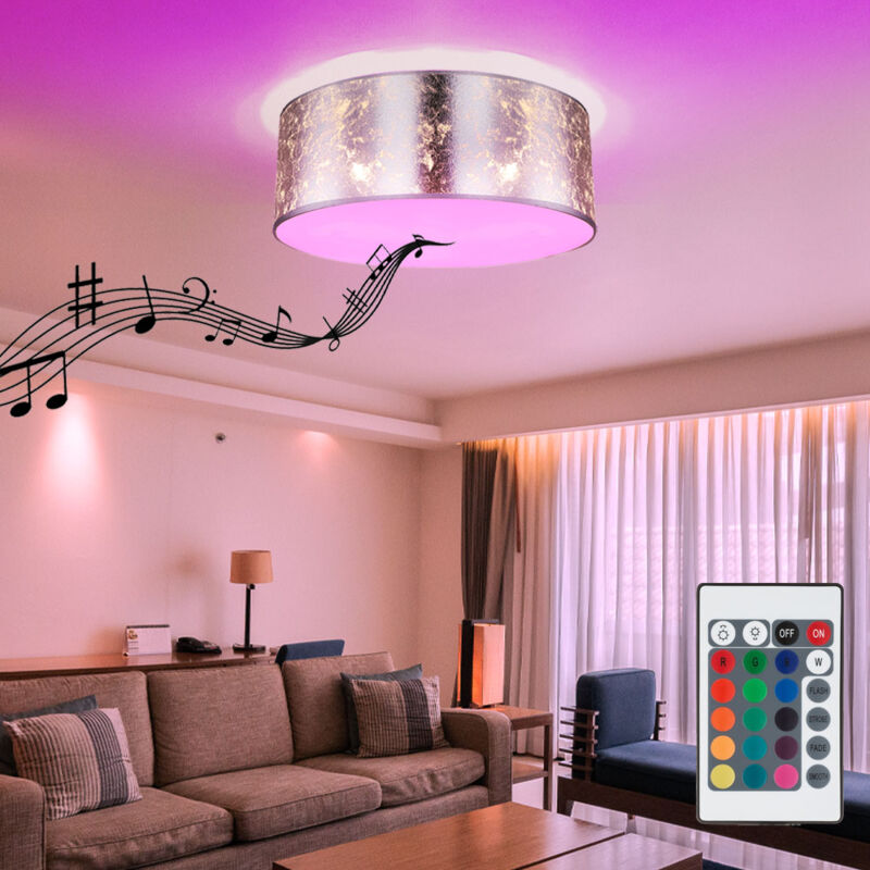 Deckenlampe mit Bluetooth Lautsprecher 40 cm Schlafzimmerlampe silber Deckenlampe Wohnzimmer, Fernbedienung dimmbar, 3x rgb led 8,5W 806Lm warmweiß,