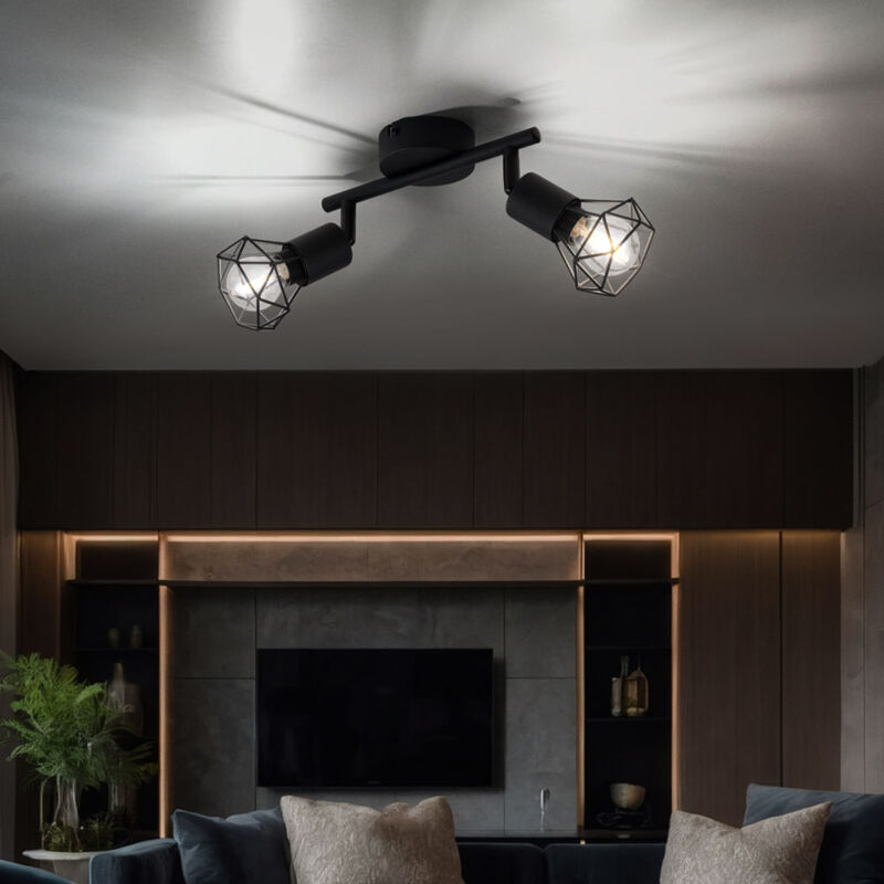 Deckenleuchte 2 Flammig schwarz Spotleuchte 2 Strahler Deckenlampe schwenkbar schwarz, Käfig Design Metall, 2x 6W 2x 700lm warmweiß, LxBxH 22x8x18 cm