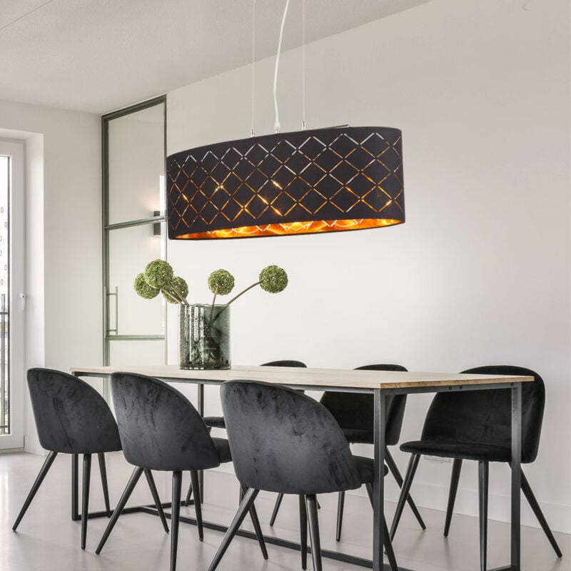 Deckenleuchte hängend Hängelampe Esstisch Wohnzimmer Lampe Decke hängend Wohnzimmer, 3 Flammig Stanzungen, Metall Textil schwarz gold, 3x led 7W