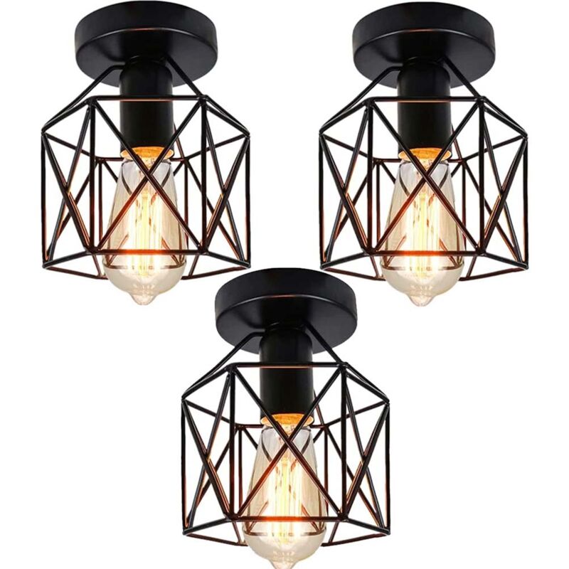 3Pcs Deckenleuchte Industrielle Deckenlampe aus Eisen Käfig E27 Lampenschirm für Flur Küche Wohnzimmer Schlafzimmer (Schwarz)