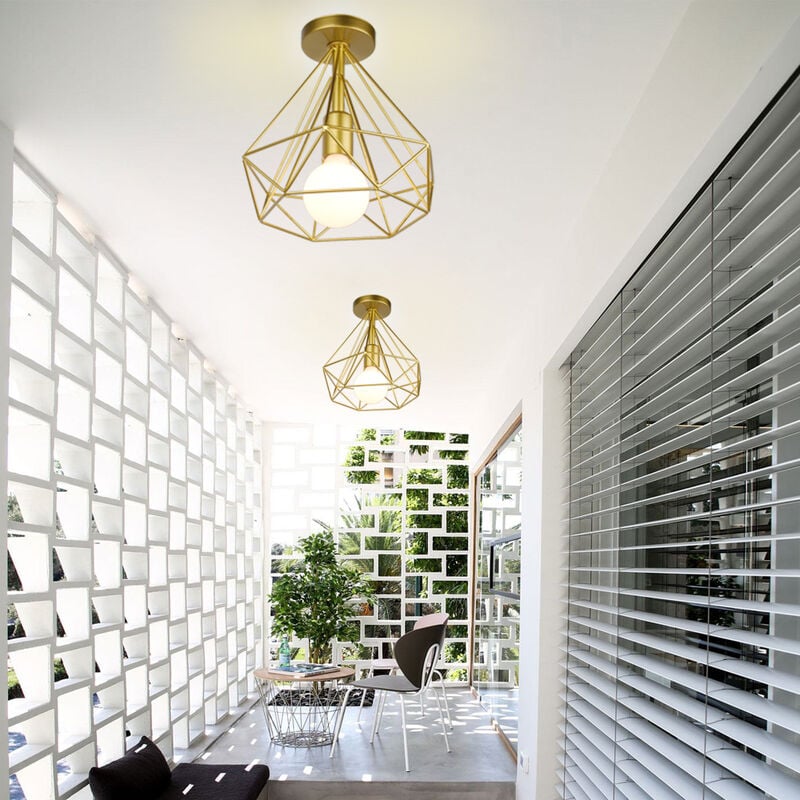 Deckenleuchte Vintage Semi-Flush Mount Deckenlampe mit Diamant Form Käfig Antik Licht E27 Lampenfassung für Loft Esszimmer Schlafzimmer Gold 2PCS