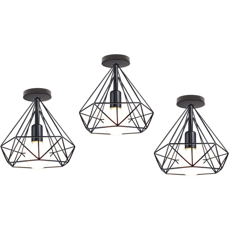 Deckenleuchte Vintage Semi-Flush Mount Deckenlampe mit Diamant Form Käfig Antik Licht E27 Lampenfassung für Loft Esszimmer Schlafzimmer Schwarz 3PCS