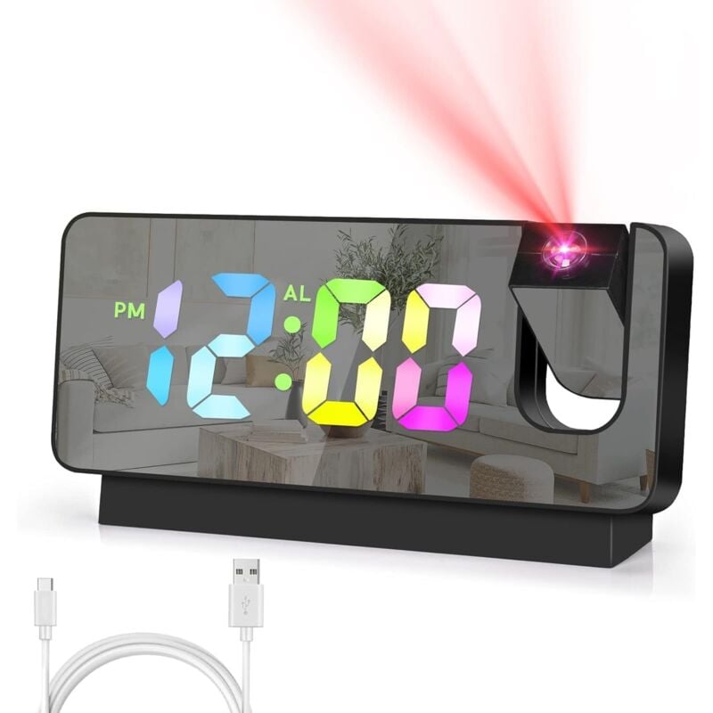 Deckenprojektor-Wecker, 180° drehbarer digitaler Wecker, 7,8 Zoll Spiegelwecker mit USB, Temperaturanzeige, wiederaufladbar, Kalender- und