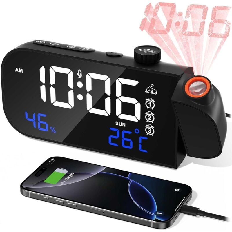 Deckenprojektor-Wecker, Digitaler Wecker mit Projektor, LED-Digitaluhr, mit Temperatur/Luftfeuchtigkeit/Snooze/Audioaktivierung, Helligkeit und