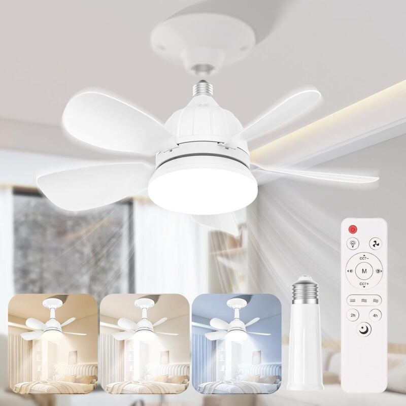 Deckenventilator mit Licht und Fernbedienung, 18 Zoll, dimmbare E27-LED-Lampe, leiser Deckenventilator mit einstellbarer Geschwindigkeit, Helligkeit