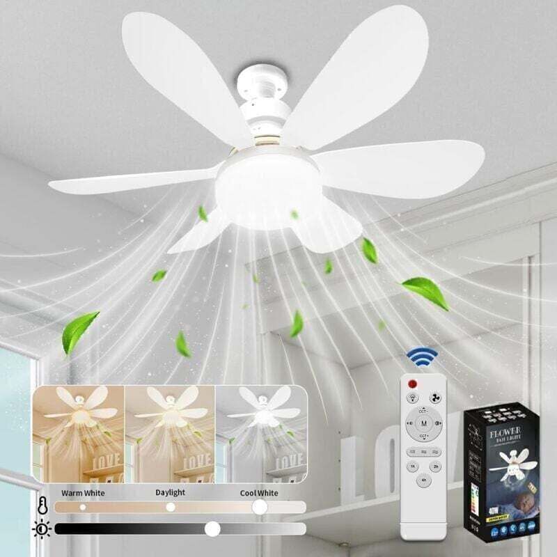 Deckenventilator mit Licht und Fernbedienung, dimmbarer LED-Deckenventilator mit integrierter 40-W-E27-Glühbirne, 6 Flügel, 3 Geschwindigkeitsstufen,