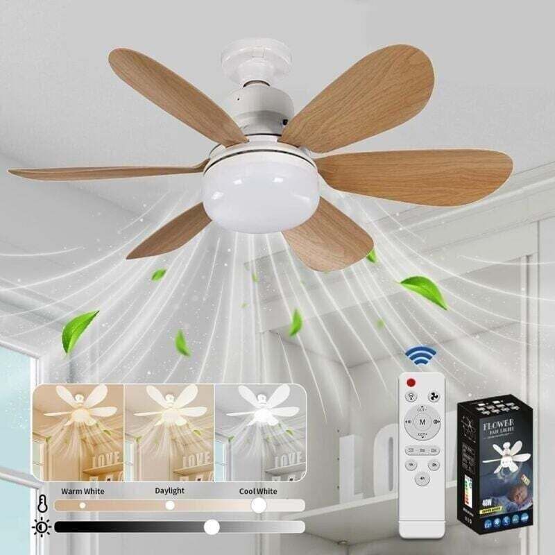 Deckenventilator mit Licht und Fernbedienung, dimmbarer LED-Deckenventilator mit integrierter 40-W-E27-Lampe, 6 Flügel, 3 Geschwindigkeitsstufen,