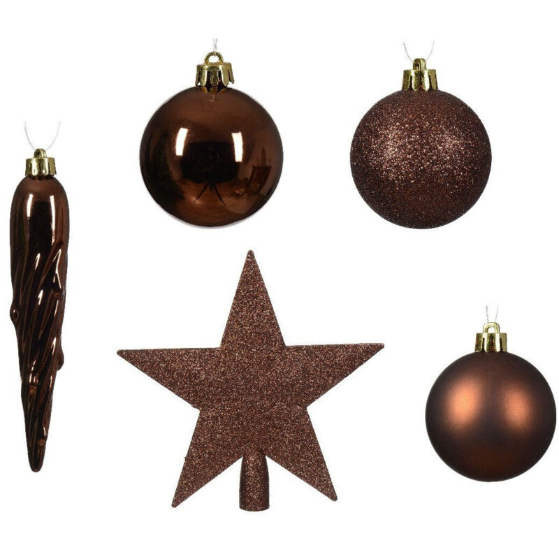 Peragashop - Decoris Weihnachtskugeln mit Christbaumspitze Stern, 33er Set, bruchsicher, espressobraun Hängedekoration