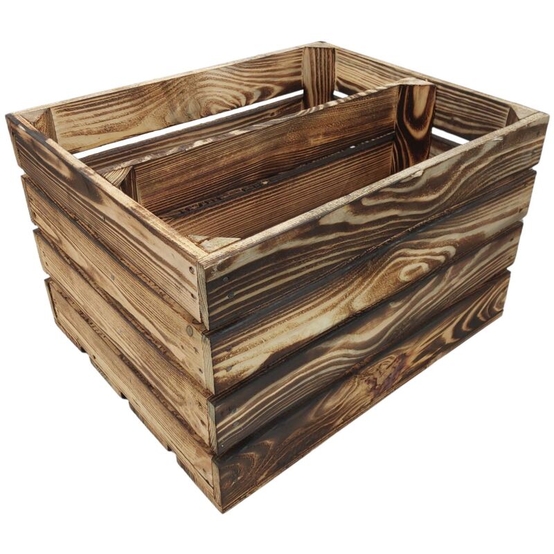 Deko-Holzkiste natur geflammt Obstkiste Weinkiste Beistelltisch Schuhregal Deko - 50 x 41 x 31.5 cm, geflammt - geteilt