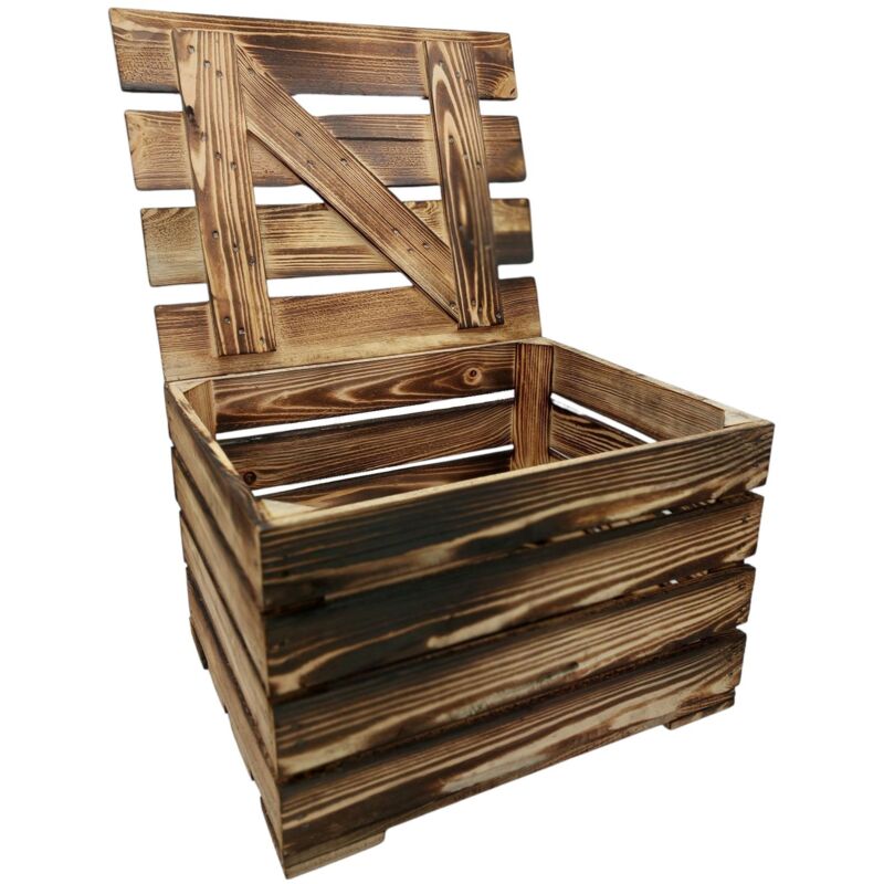 Deko-Holzkiste natur geflammt Obstkiste Weinkiste Beistelltisch Schuhregal Deko - 50 x 41 x 34 cm, geflammt - mit Deckel