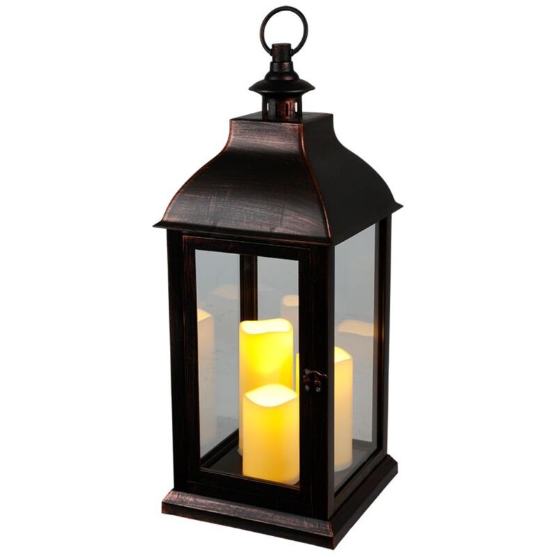 Xxl Laterne Vintage Windlicht schwarz mit 3 LED-Kerzen Flackereffekt - Laterne Kerzenhalter 60cm Dekolaterne groß mit Glasscheiben und Timer für den