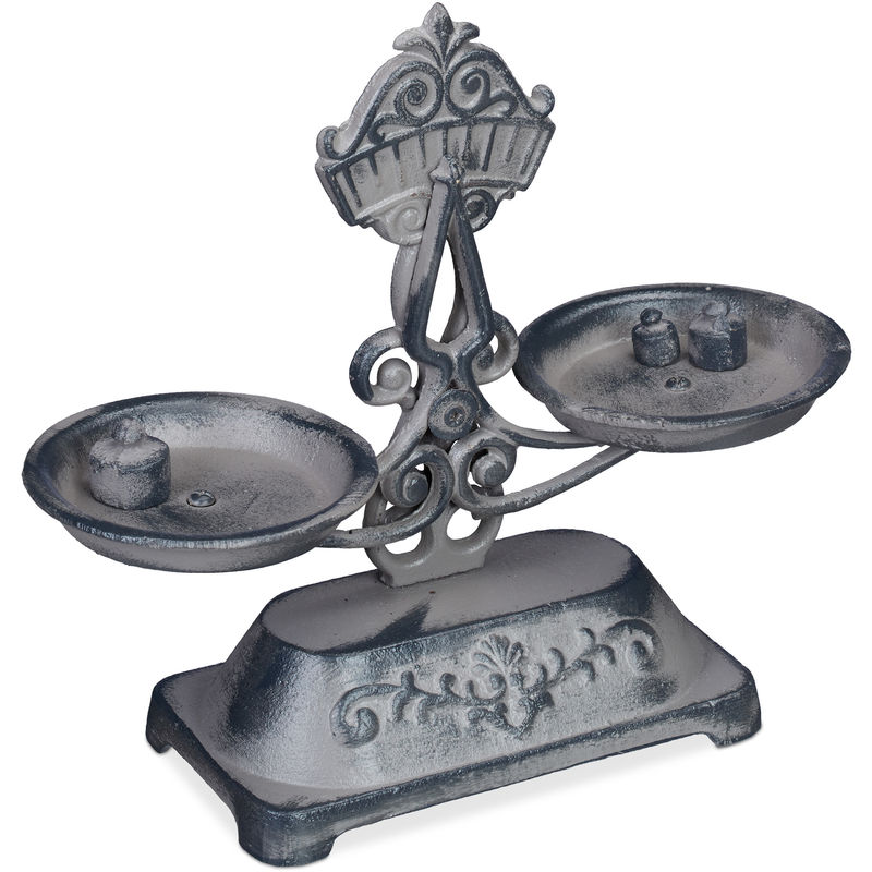 Relaxdays Deko Waage im Antik-Design, Nostalgie Küchenwaage, 3 Gewichte, rustikale Doppelwaage, Gusseisen, grau/schwarz