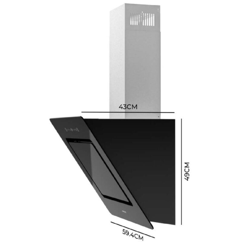 Cecotec - Dekorative Dunstabzugshaube Bolero flux dt 608002 Glas schwarz a++ de 60cm de breit, Front aus schwarzem Glas, Kamin aus Edelstahl,