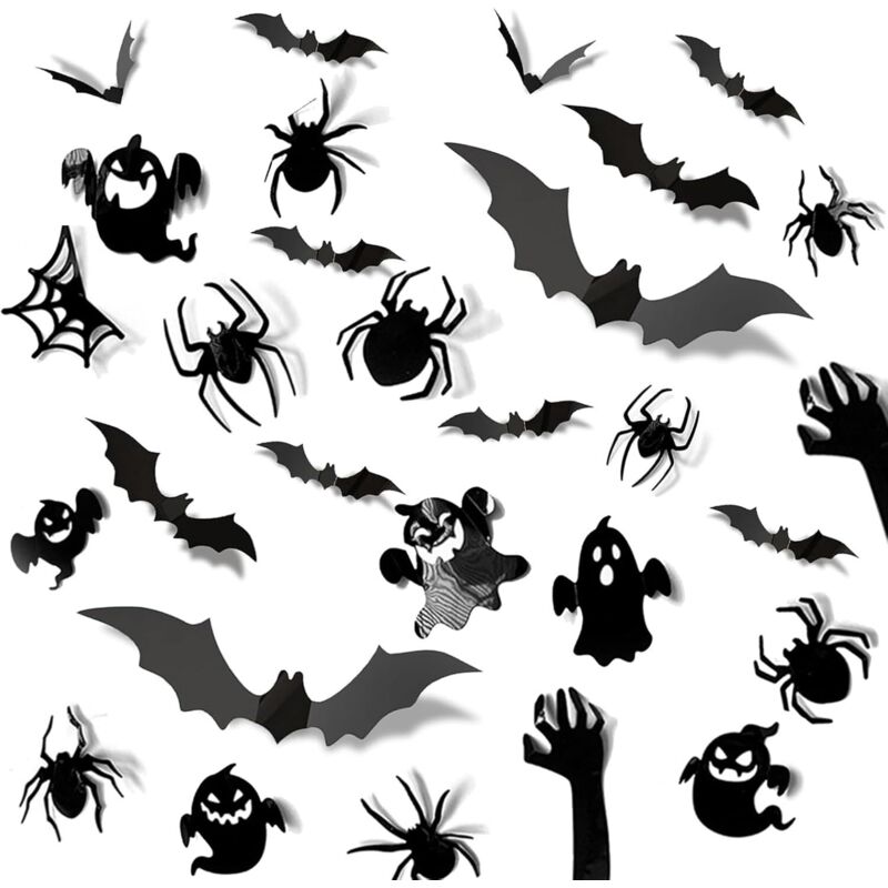 Dekorativer 3D-Wandaufkleber für Halloween (Mix aus Fledermäusen, Geistern und Spinnen)