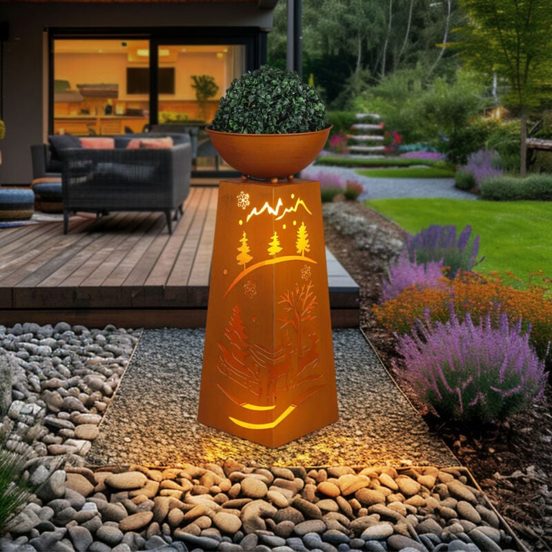 Dekosäule Pflanzenschale Blumenschale Gartendeko Außenlampe Pflanzsäule mit Stanzungen, Metall Rost, Akku enthalten Timer, 1x led warmweiß, h 59 cm