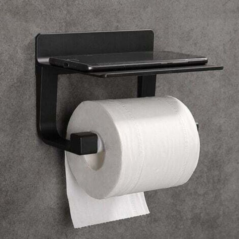 Derouleur Papier Toilette Porte Papier Toilette Mural Support Papier Toilettes Auto-adhésif, Aluminium Noir--
