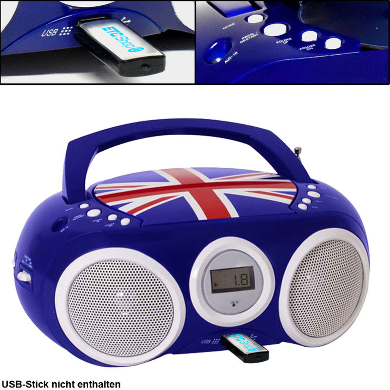 Design cd Spieler Stereo Radio usb Anlage Jungen Kinder Zimmer Musik Big Ben CD32 Union Jack blau