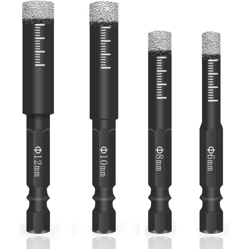 Diamantbohrer-Set für Fliesen und Glas, 4-teilig, 681012 mm, Sechskantschaft, Diamantbohrer für Keramik, Granit, Glas, Porzellan, Fliesen,