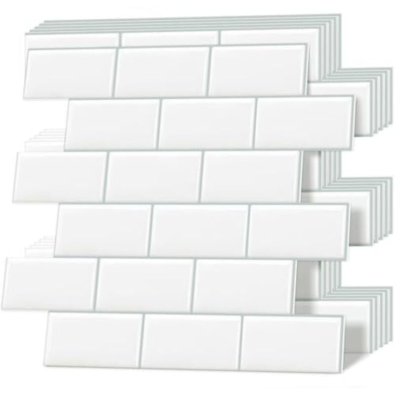 Dickere weiße Fliesen zum Abziehen und Aufkleben, 3D Wandfliesen, selbstklebend, Metro u Bahn Spritzschutz für Küche und Bad, 10 Blätter