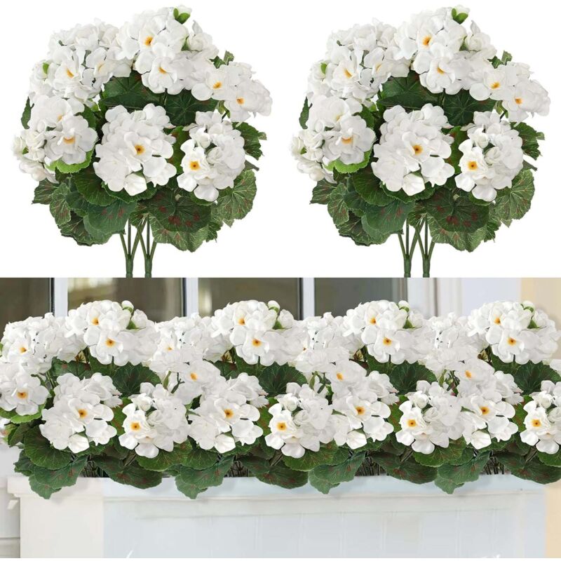 3Stk Künstliche Geranien Weiß UV Beständig, Realistische Kunstblumen für Garten Balkon Blumenkasten Terrasse Hochzeit Innen und Außendekoration