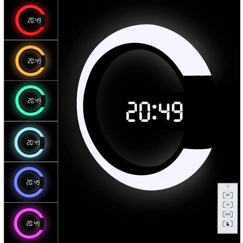 Digitale LED-Wanduhr mit Fernbedienung, USB-betriebene Wanduhr, 12/24 Stunden, Temperatur, 3 Helligkeiten, 7-Farben-RGB-Licht, Alarm und