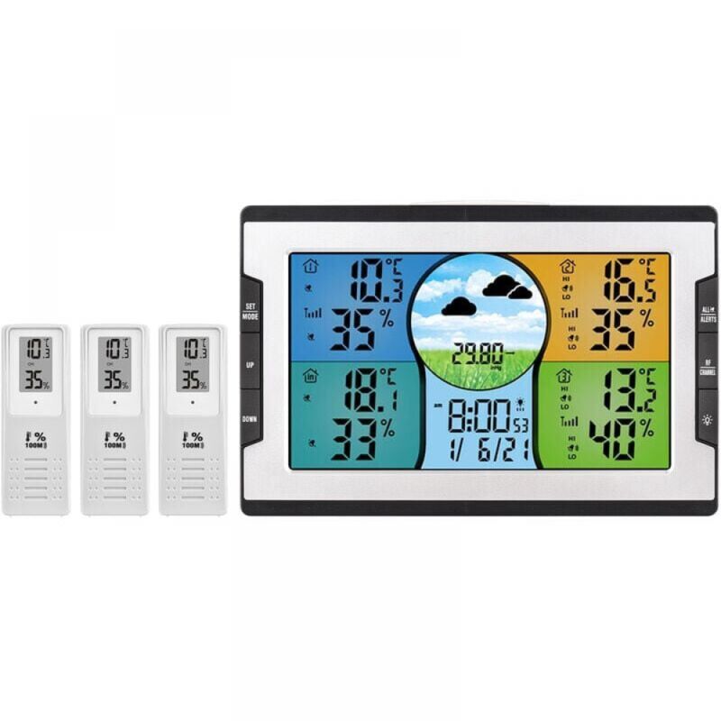 Digitale Wetterstation mit 3 Fernsensoren, 100 m Innen- und Außentemperatur- und Luftfeuchtigkeitsüberwachung, Wecker mit Schlummerfunktion,