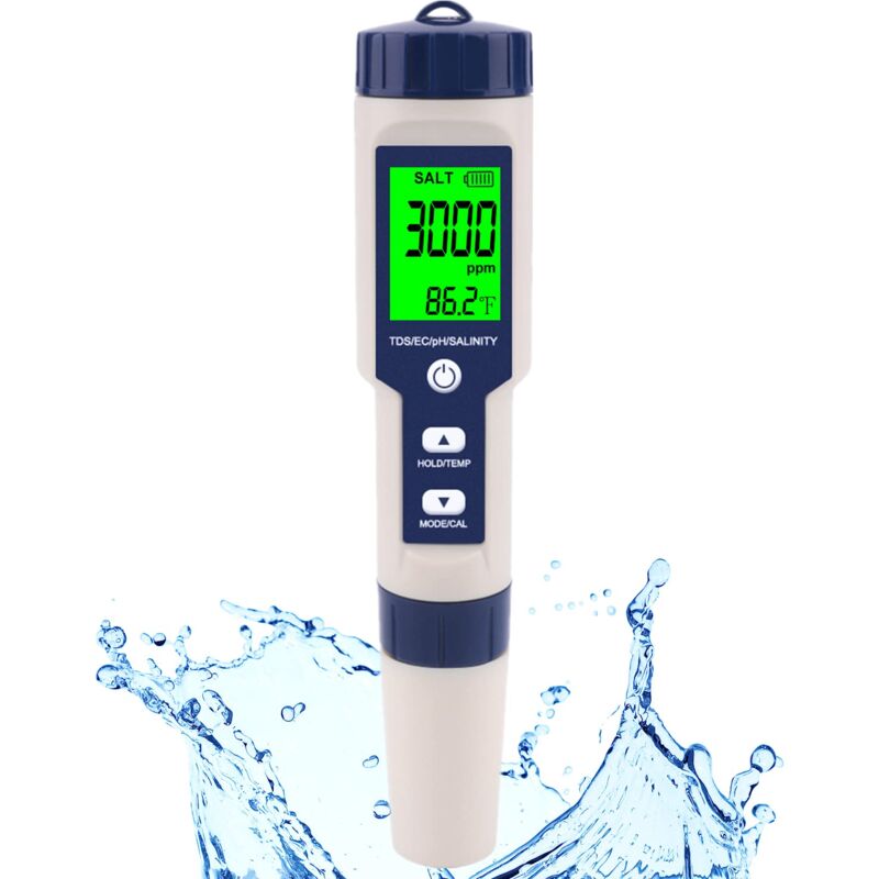 Digitaler Salztester und pH-Meter für Schwimmbäder, Meerwasser und Trinkwasser, 5 in 1, Salzgehalt, pH-Wert, Temperatur, ec und tds für Pools,