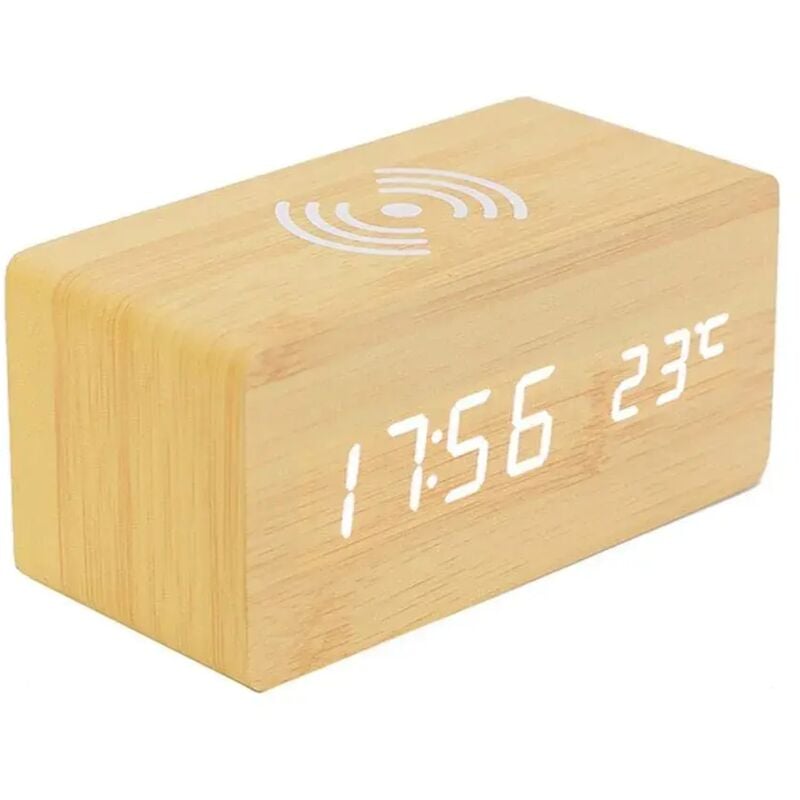 Digitaler Thermometer-Wecker, digitaler Wecker aus Holz, LED-Digital-Holzwecker mit kabellosem Ladegerät, Holzwecker mit Induktionsladegerät,