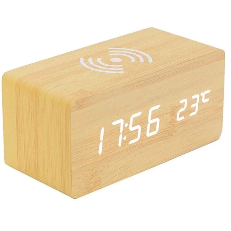 SNQ - Digitaler Thermometer-Wecker, digitaler Wecker aus Holz, LED-Digital-Holzwecker mit kabellosem Ladegerät, Holzwecker mit Induktionsladegerät,